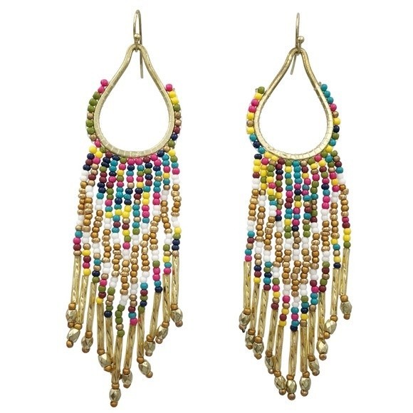 Multicolor Random Seed Bead Long Tassel Handmade Statement Dangle Earrings - Picture 1 of 3